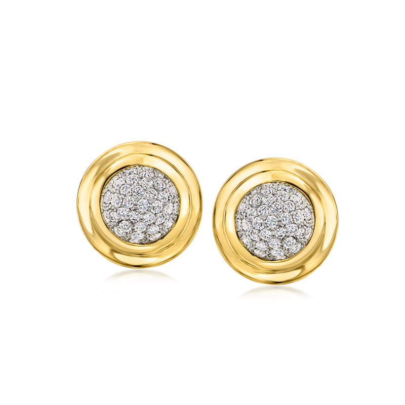 Clip-on yellow gold round diamond cluster stud earrings with circular frame