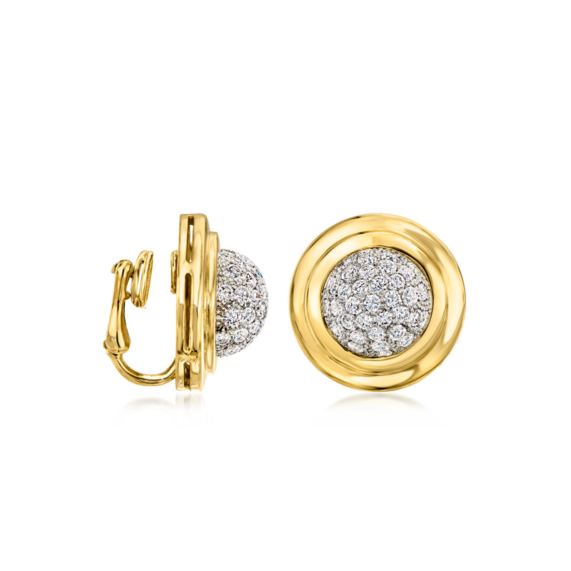 Back view of round clip-on yellow gold diamond cluster earrings, hinged clasp visible
