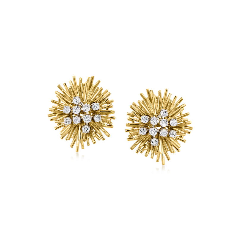 Yellow gold diamond burst stud earrings with radiating prongs and round stones