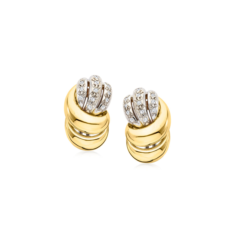 Vintage yellow gold diamond hoop earrings with stacked ridges and bezel-set stones