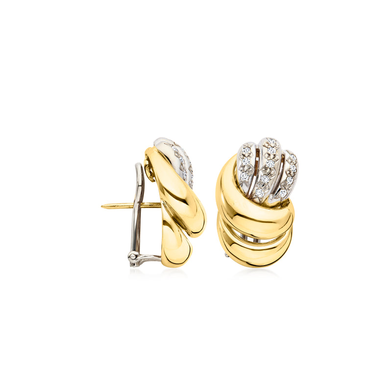 14kt yellow gold diamond earrings with hinged clip/back and curved stacked hoops