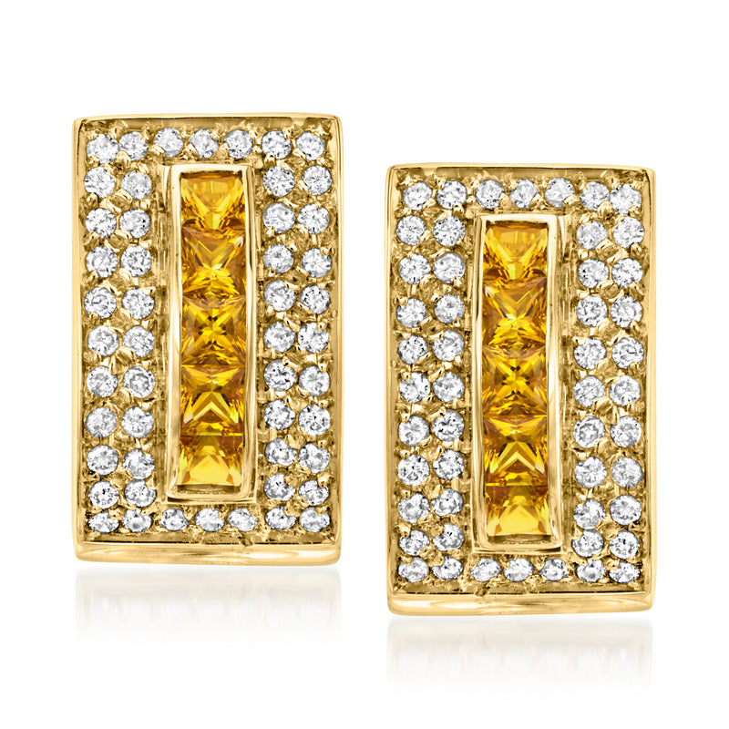18kt yellow gold citrine and diamond square stud earrings, radiant yellow center