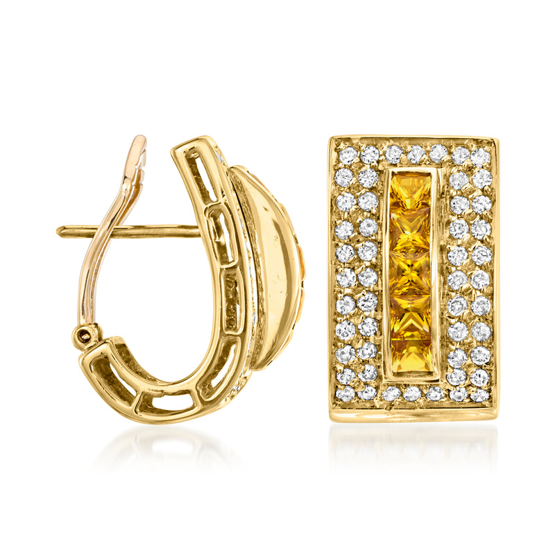 18kt yellow gold citrine and diamond square stud earrings with post backs
