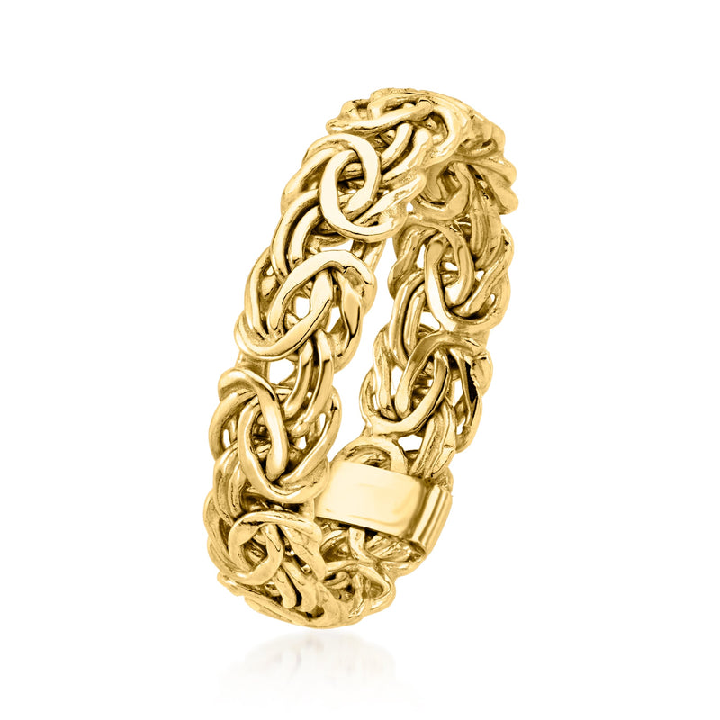Yellow gold Byzantine chain ring with square center plate, side profile