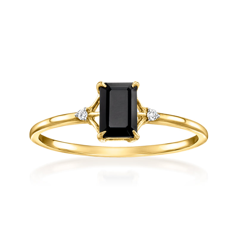 14kt yellow gold ring with black onyx and diamond accents, rectangular bezel
