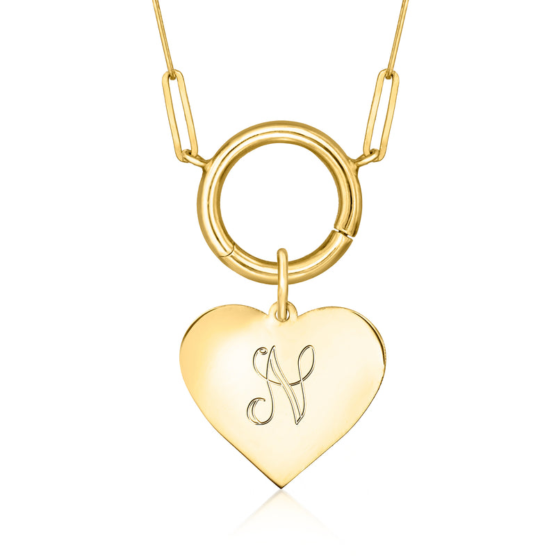 14kt yellow gold heart pendant with engraved K, open-ring bail detail