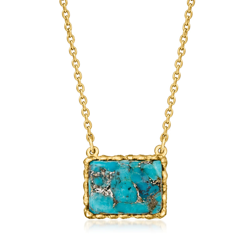 Turquoise square pendant necklace with gold-tone chain and bezel setting