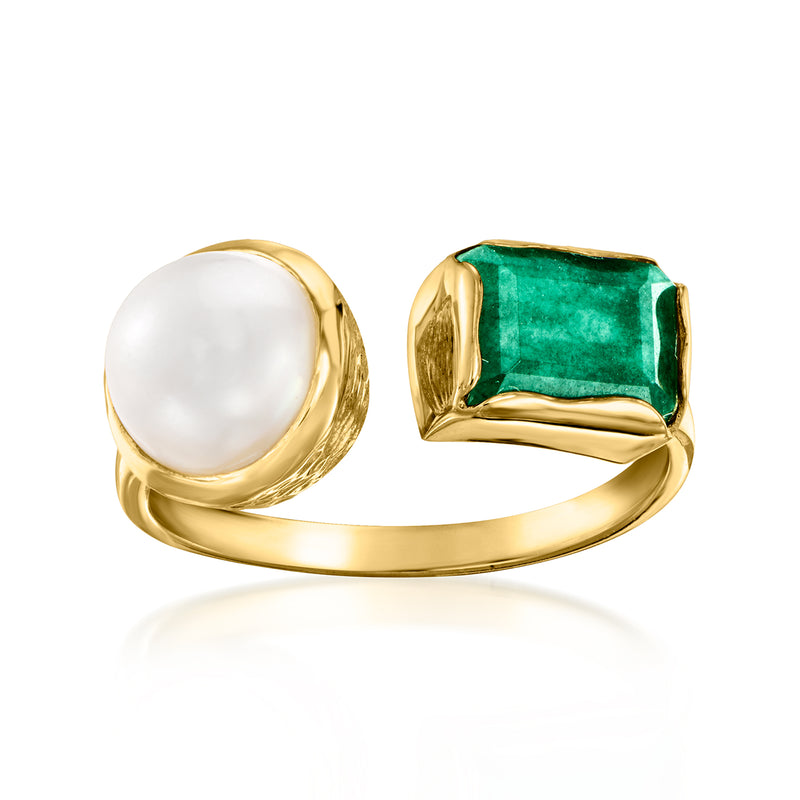 Gold toi et moi ring with white cultured pearl and green emerald in bezel setting