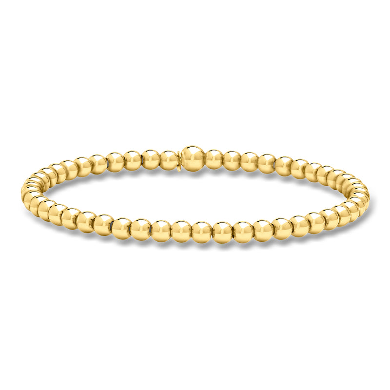 Gold bead stretch bracelet with rounded 4mm beads, 18kt gold over sterling