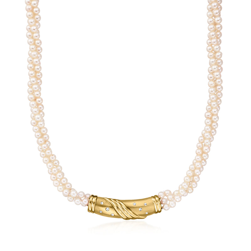 Three-strand cultured pearl necklace with yellow-gold clasp and diamond accents