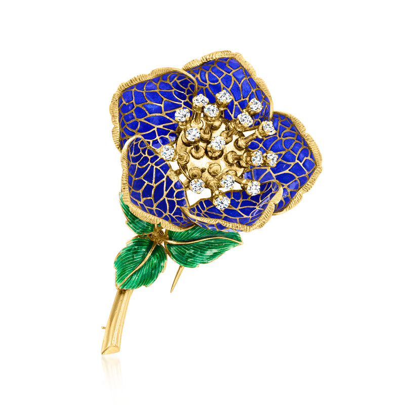 Vintage floral enamel and diamond pin in blue with green leaves, gold setting