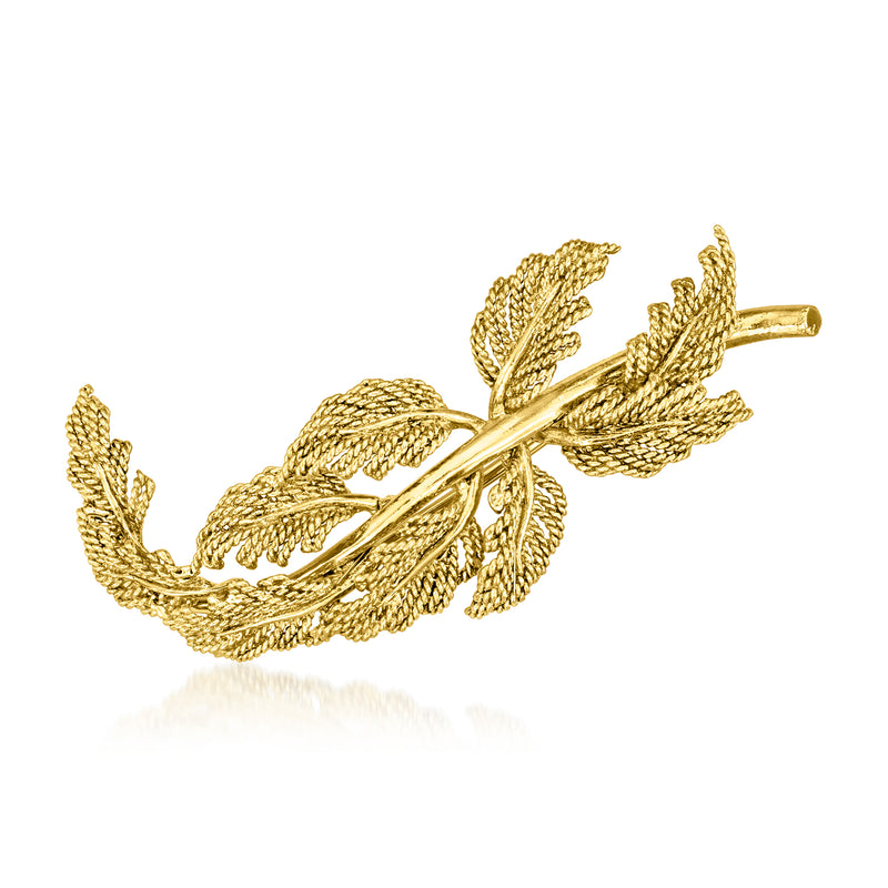 Yellow gold leaf branch pin with textured mesh leaves and clasp backing