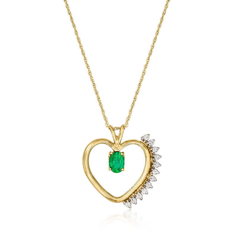14kt yellow gold heart pendant with green emerald center and diamond halo