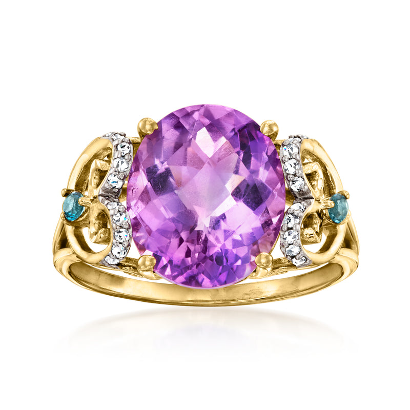 14kt yellow gold ring with large oval amethyst, diamonds, and blue topaz accents