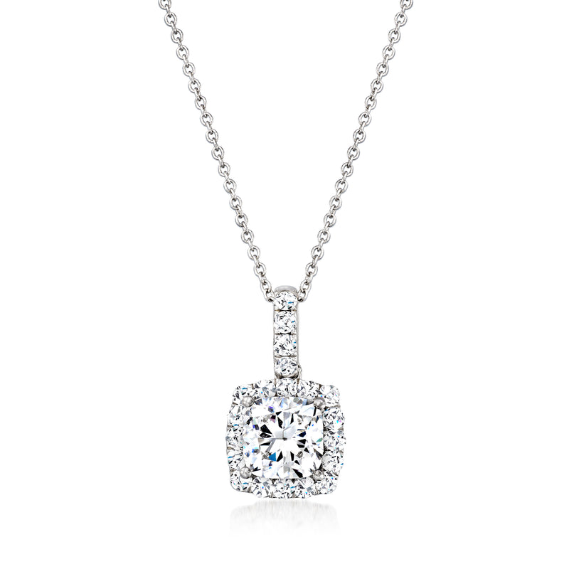 White gold halo diamond pendant necklace with cushion-cut center stone on chain