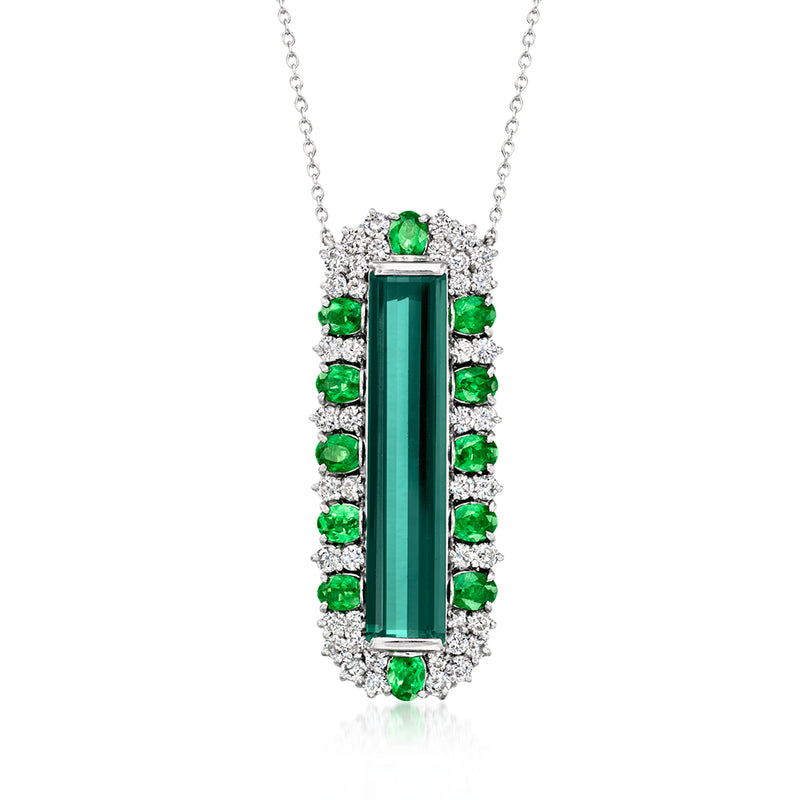 Platinum pendant necklace with green gemstones and rectangular center stone, diamond halo