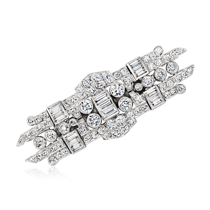 Vintage diamond cluster pin in platinum, baguette and round stones in geometric rows
