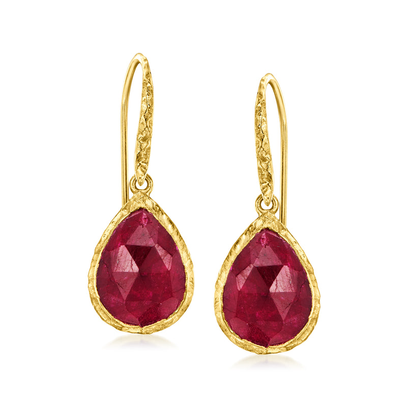 Gold bezel-set ruby teardrop drop earrings with earwire, red gemstone facets