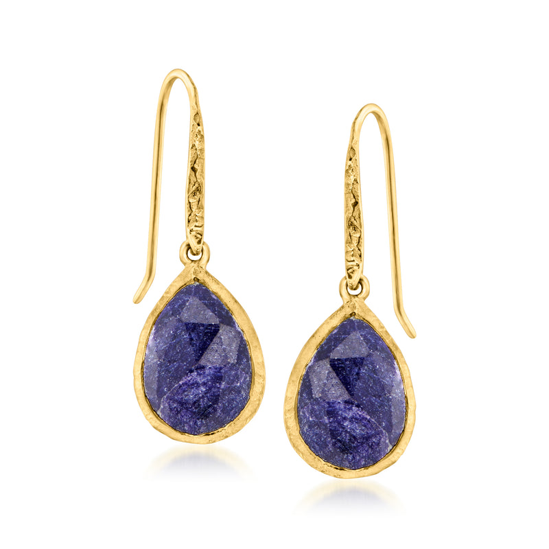 Teardrop sapphire drop earrings with bezel-set blue stones, gold-tone earwire hooks
