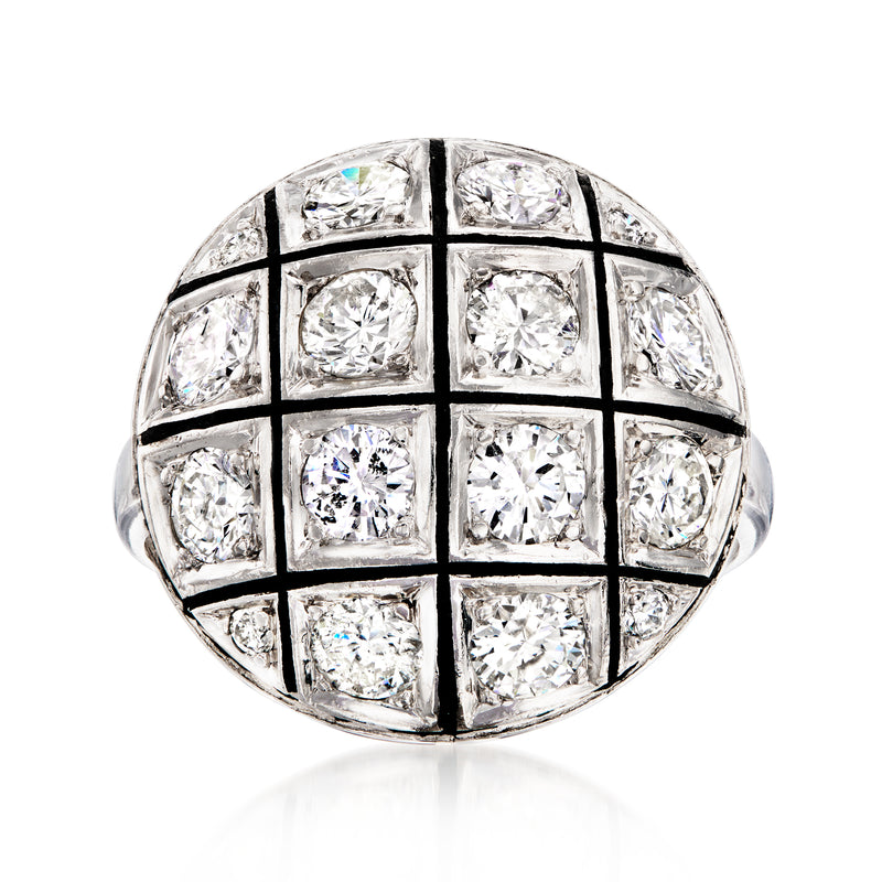Vintage dome ring with diamond-filled square settings and black enamel lattice, white gold