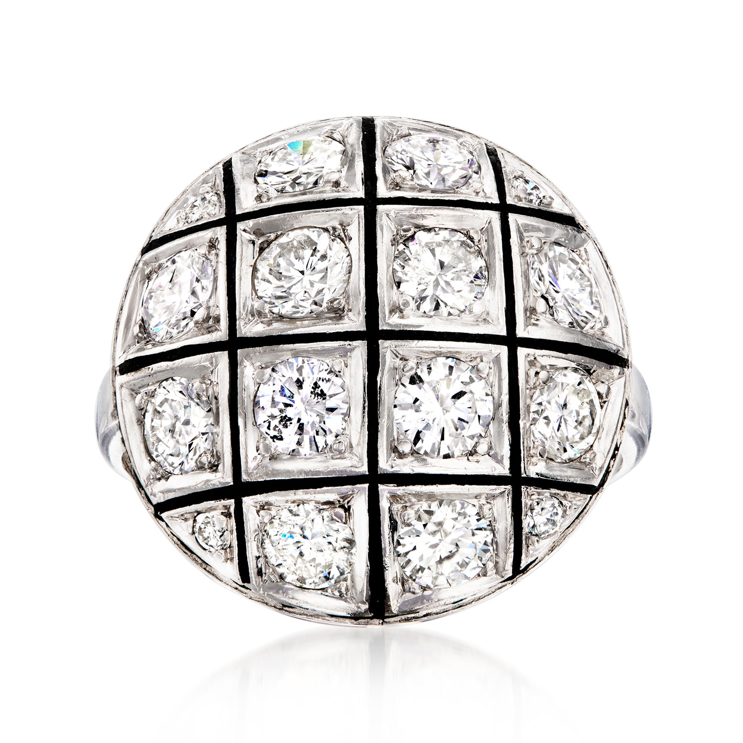 C. 1960 Vintage 3.10 ct. t.w. Diamond and Black Enamel Dome Ring in 14kt White Gold