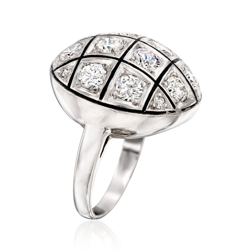 Vintage diamond dome ring with black enamel lattice, white gold band