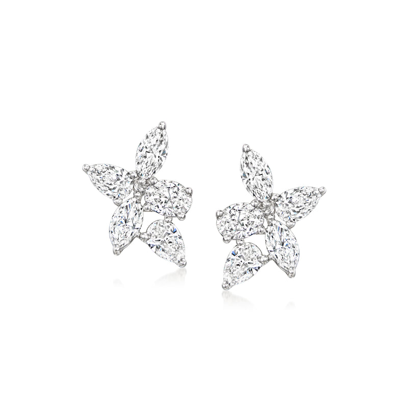 Geometric flower diamond stud earrings in 14kt white gold, post back