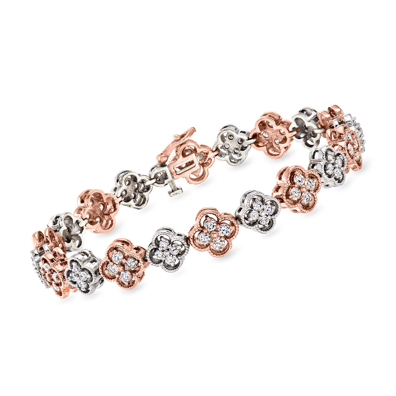 Two-tone gold clover diamond tennis-style bracelet with round flower links