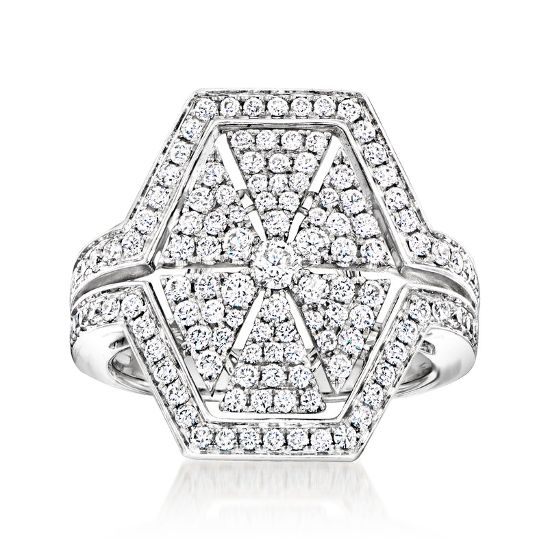 Geometric diamond halo ring in 18kt white gold, octagon setting with pave details
