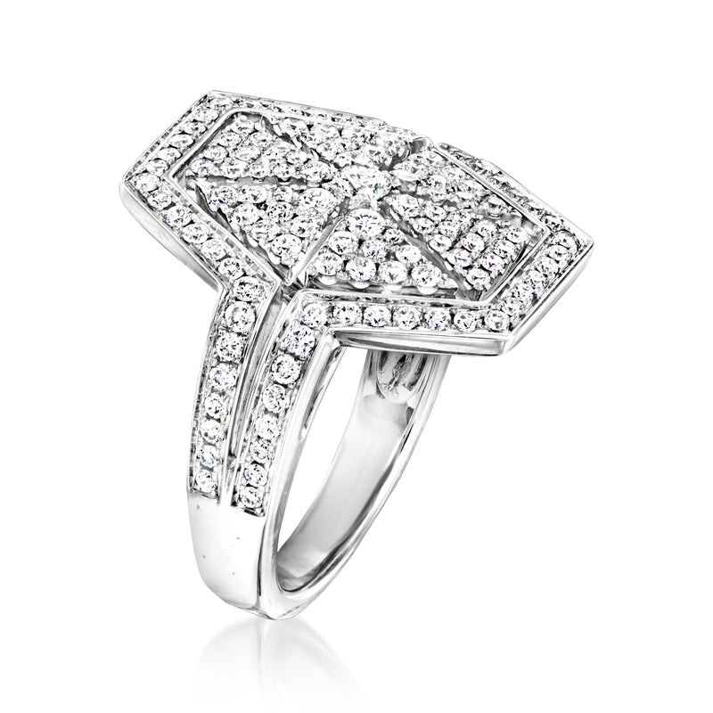 Geometric diamond ring in 18kt white gold, raised octagon crown and pave band