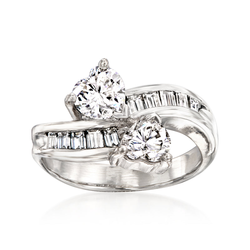 Platinum bypass ring with round diamonds and baguette-cut side stones