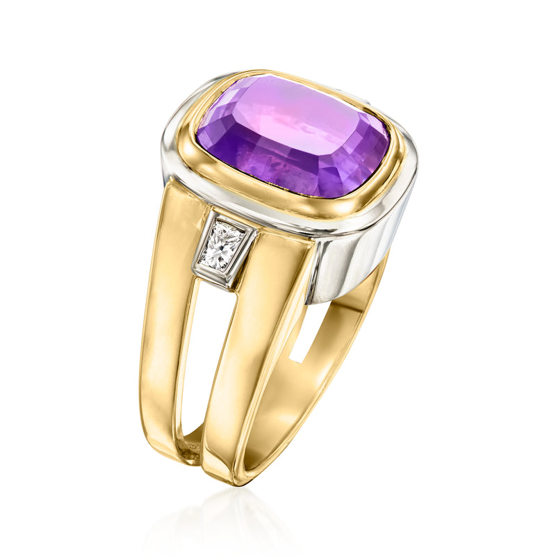 Two-tone gold amethyst ring with rectangular diamond settings and oval purple stone