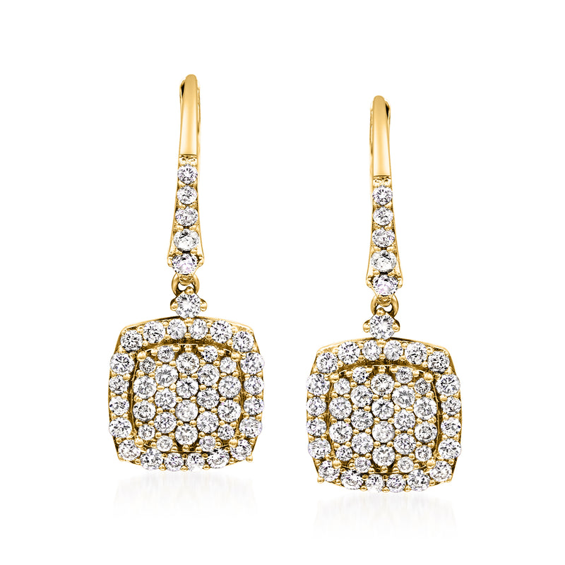 Cushion-shaped diamond drop earrings in 14kt yellow gold, leverback style