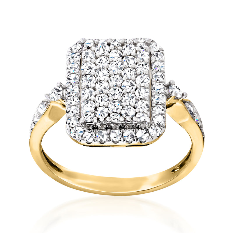 Diamond rectangular halo ring in 14kt yellow gold with cushion-cut style stones