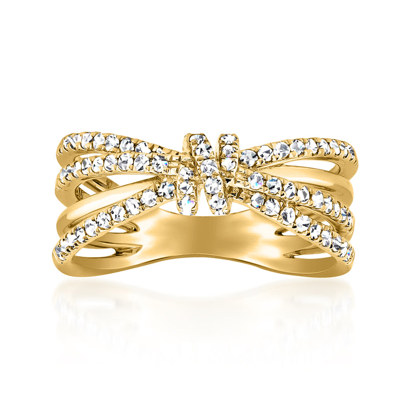 Twisted 14kt yellow gold diamond ring with central cluster of round stones
