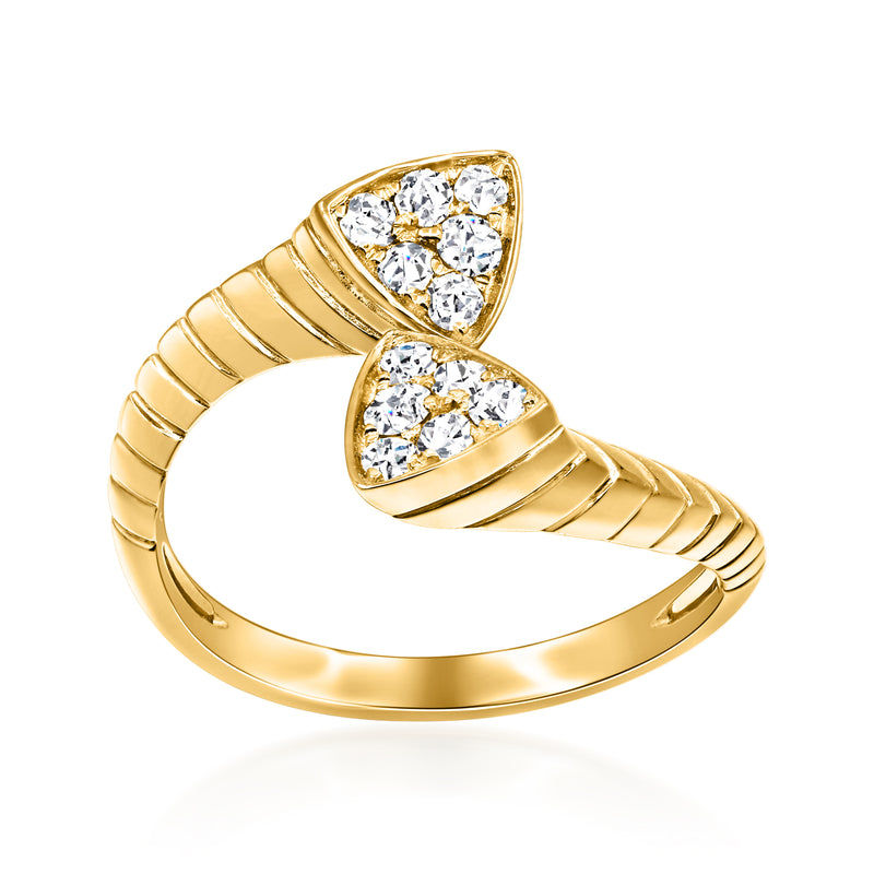14kt yellow gold diamond triangular bypass ring with three clear stones
