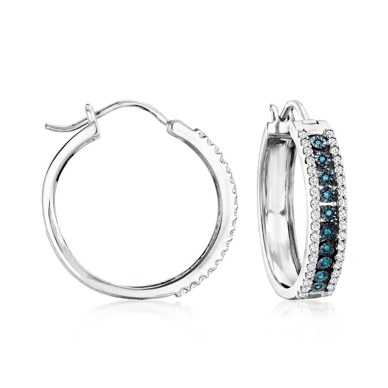 Sterling silver hoop earrings with white and blue diamond accents