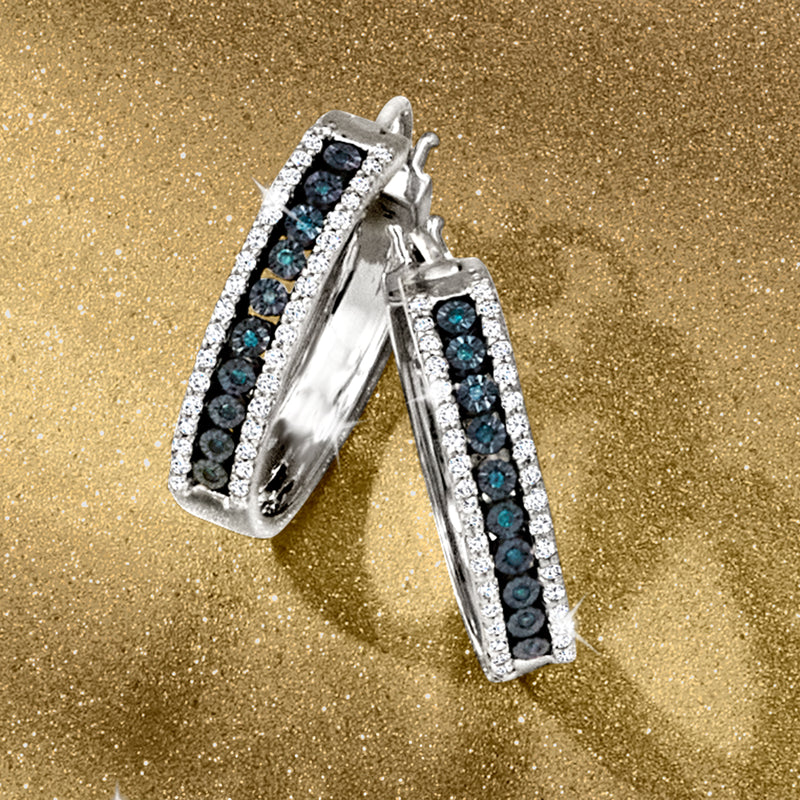 Sterling silver hoop earrings with white and blue diamond accents
