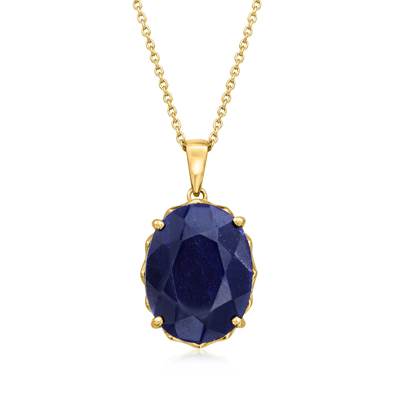 Gold pendant necklace with faceted dark-blue oval sapphire in bezel setting