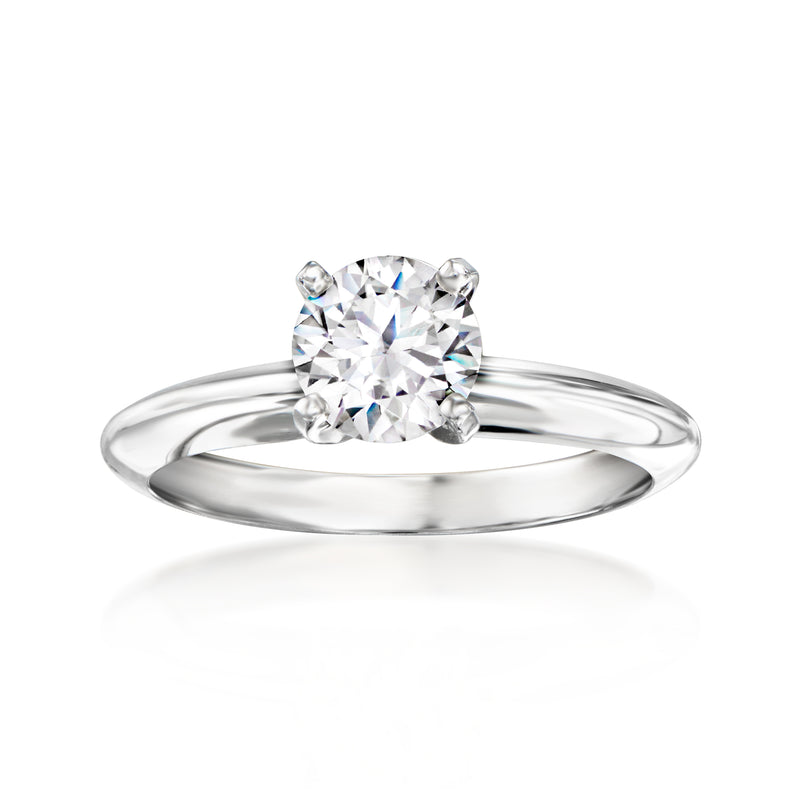 White gold solitaire ring with round diamond center and smooth band
