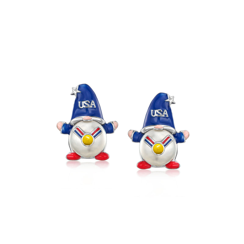 Sterling silver gnome post earrings with blue USA hat enamel and yellow nose detail