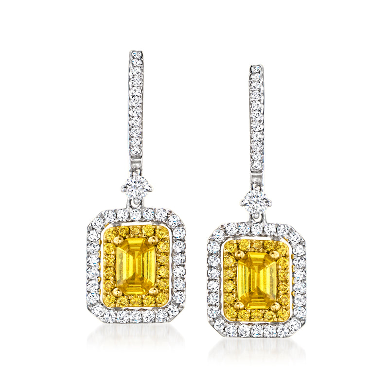 Two-tone gold drop earrings with square yellow sapphire and diamond halo, post style