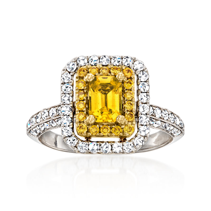 Yellow sapphire ring with multicolored diamond halo in two-tone gold