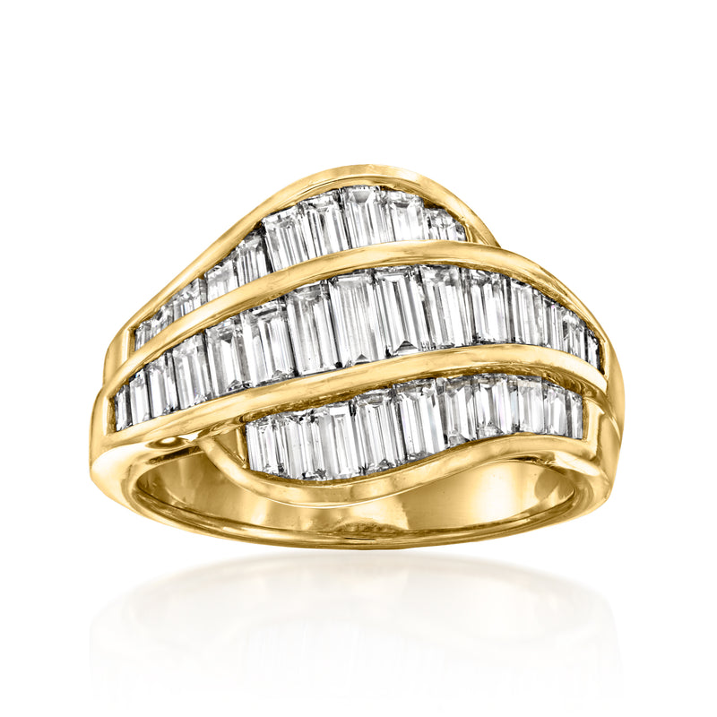 18kt yellow gold baguette diamond ring with three rows of rectangular stones