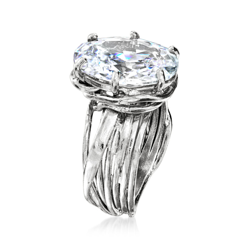 Sterling silver oval CZ ring with raised oval stone bezel and ridged shank