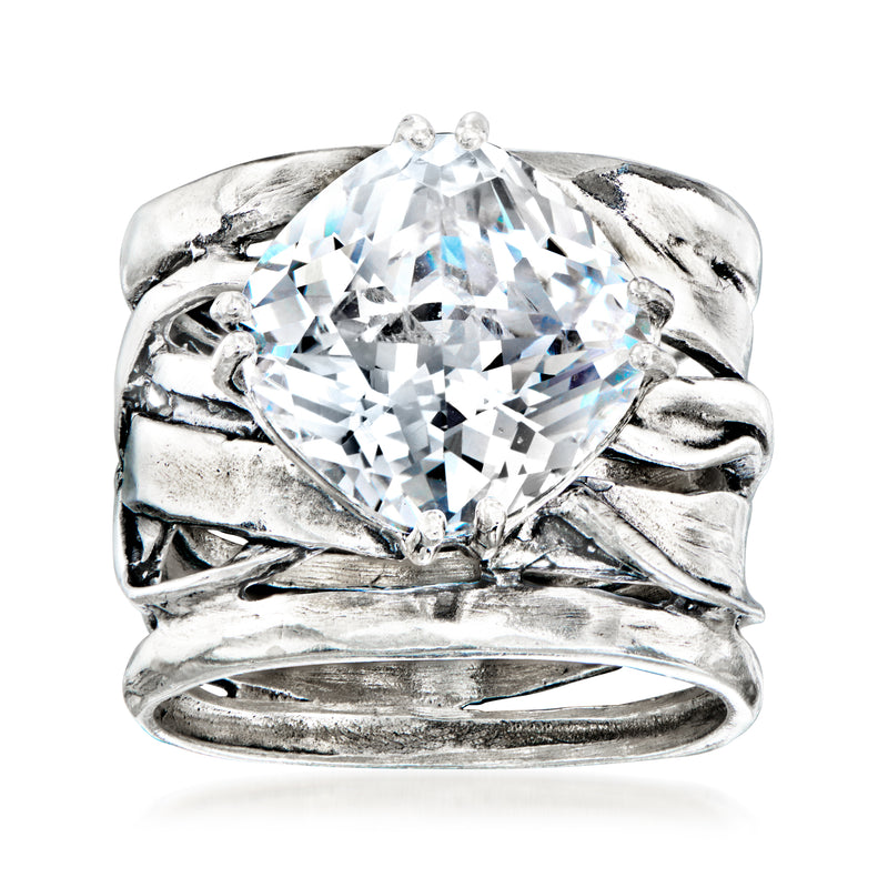 Sterling silver CZ ring with large oval-cut clear stone and braided split shank