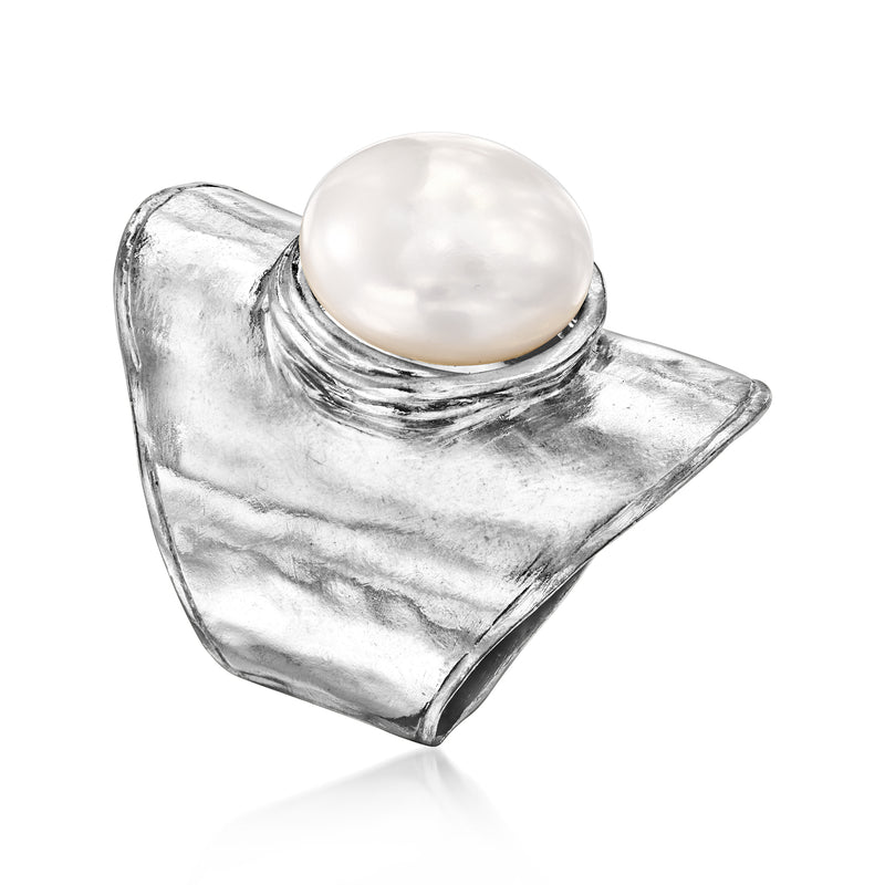 Hammered sterling silver cuff-style ring with large round cultured pearl