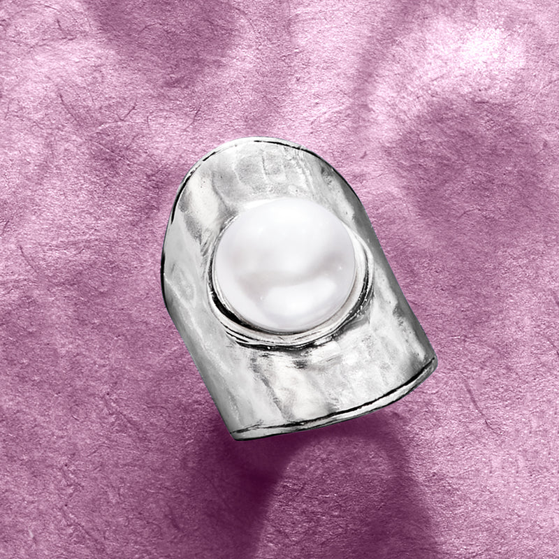 Sculpted sterling silver ring setting with round 12–12.5mm cultured pearl