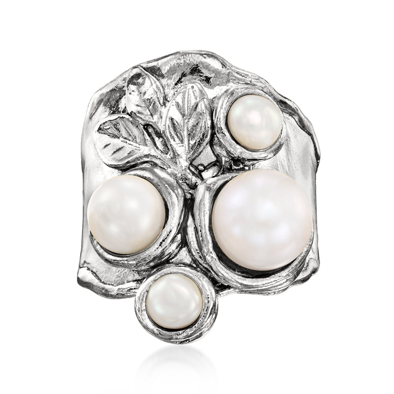 Sterling silver ring with four cultured white pearls and leaf-textured setting