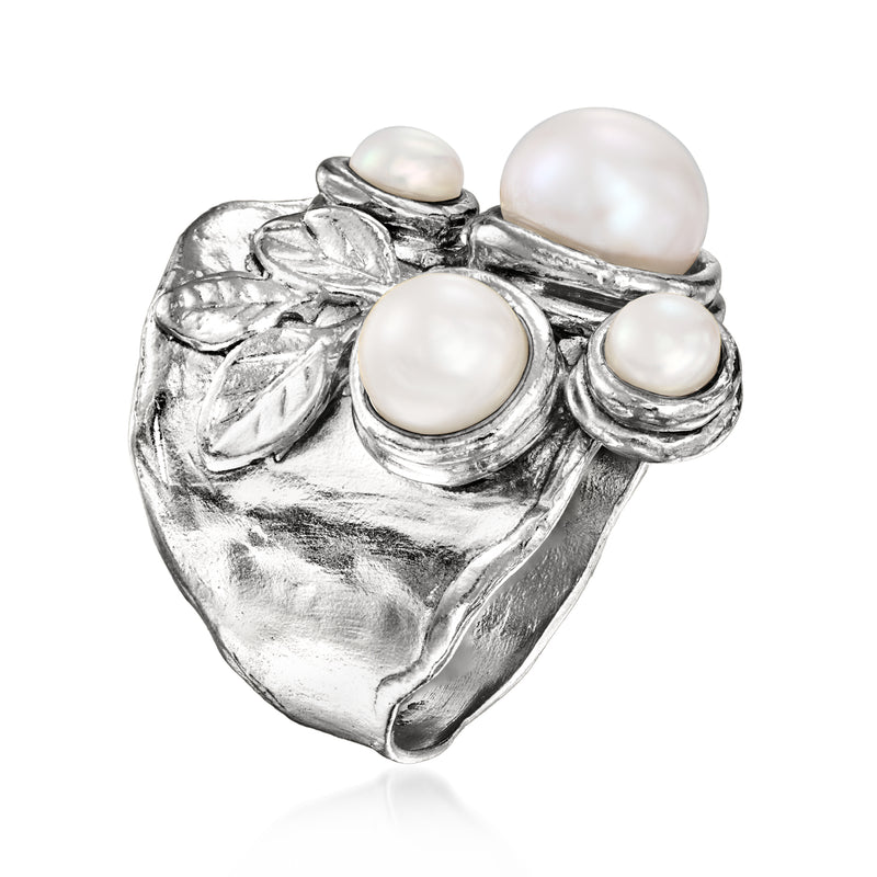 Sterling silver leaf ring with four round cultured white pearls, side view